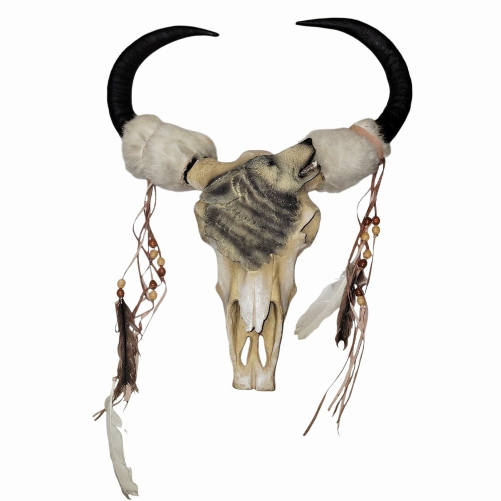 Large Resin Buffalo Bull Skull Wolf Wall Hanging Southwest Western Feathers